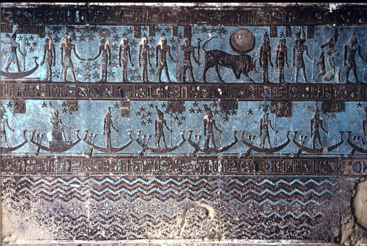 Starożytny Egipt, Malowidła ścienne/rzeźby, Symbole astrologiczne z sufitu zewnętrznej sali hypostylowej, Świątynia Hathor, Dendera (zdjęcie ilustracyjne) autorstwa School Egyptian