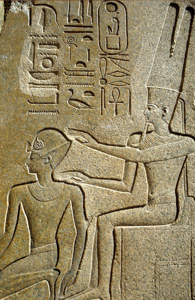Starożytny Egipt, Malowidło ścienne/rzeźba, Hatszepsut błogosławiona przez Amona Ra, Świątynia Karnak, Luksor autorstwa School Egyptian