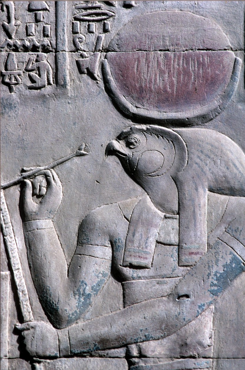 Starożytny Egipt, malowidło ścienne/rzeźba, Horus pisze na zwoju papirusu, Świątynia Sebeka i Horusa, Kom Ombo (zdjęcie ilustracyjne) autorstwa School Egyptian