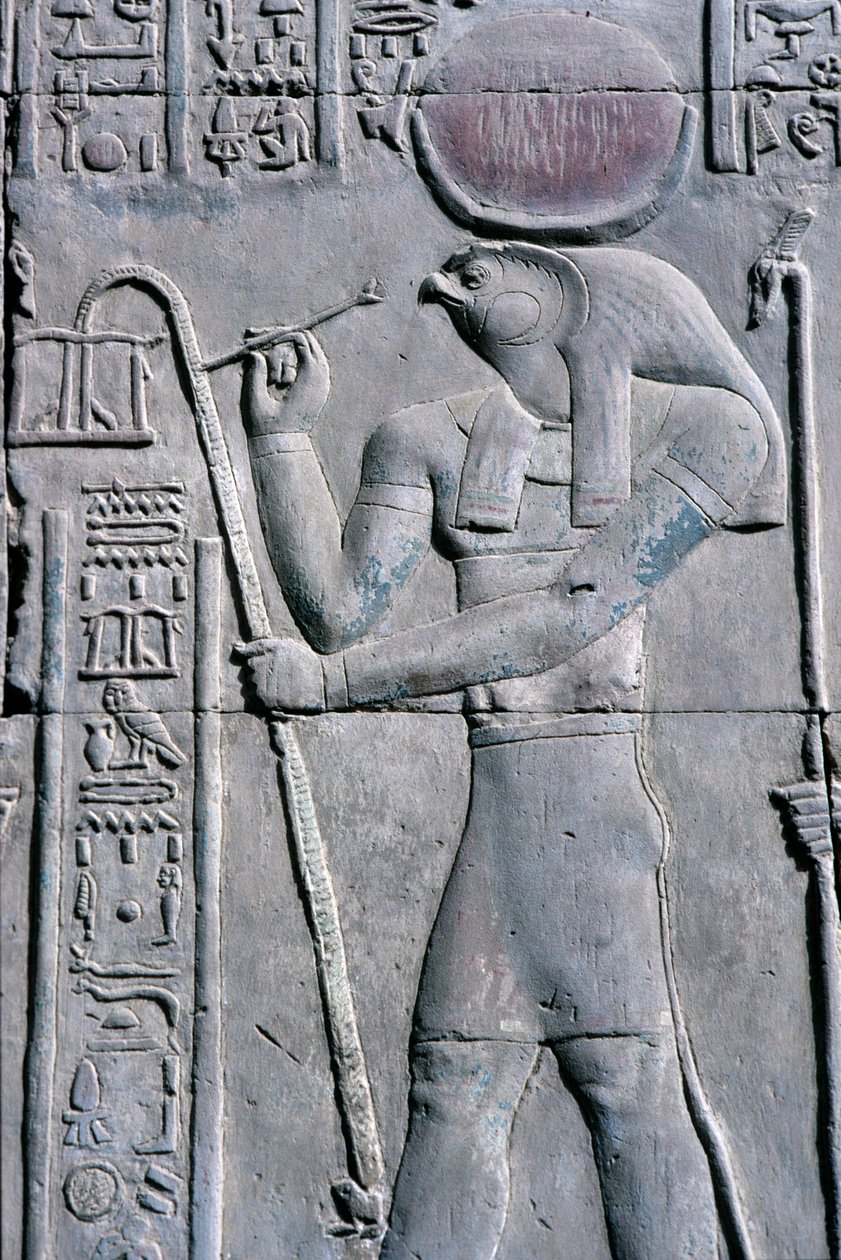 Starożytny Egipt, malowidło ścienne/rzeźba, Horus pisze na zwoju papirusu, Świątynia Sebeka i Horusa, Kom Ombo (zdjęcie ilustracyjne) autorstwa School Egyptian