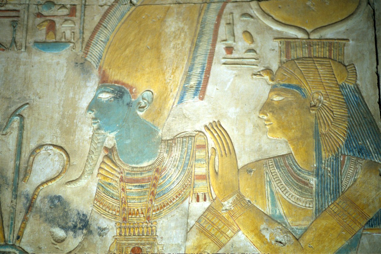 Starożytny Egipt, malowidło ścienne/rzeźba, Izyda i Ozyrys, świątynia Setiego I, Abydos (zdjęcie ilustracyjne) autorstwa School Egyptian