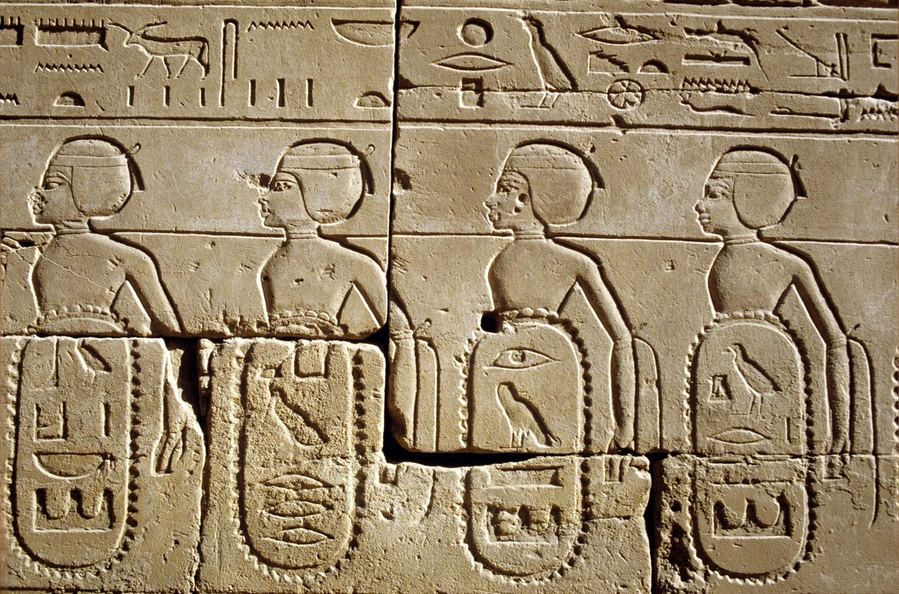 Muinainen Egypti, Seinämaalaus/kaiverrus, Karnak/Luxor Pylon Six, osa luetteloista etelän ja Syyrian heimoista, jotka Tutmoses III:n armeija valtasi, Karnakin temppeli, Luxorpolish autorstwa School Egyptian