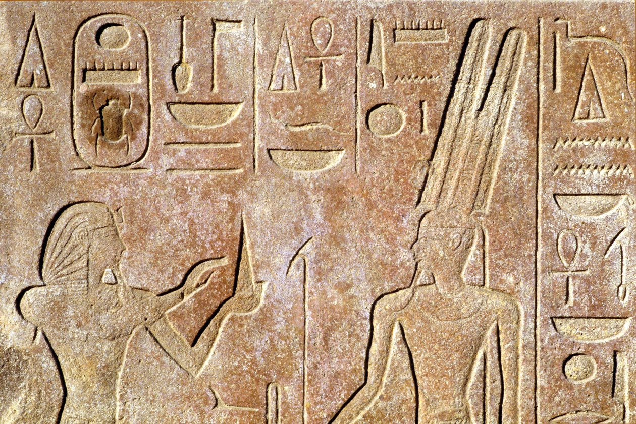 Starożytny Egipt, malowidło ścienne/rzeźba, świątynia Karnak/Luxor, Hatszepsut ofiarowuje chleb Amonowi Ra autorstwa School Egyptian