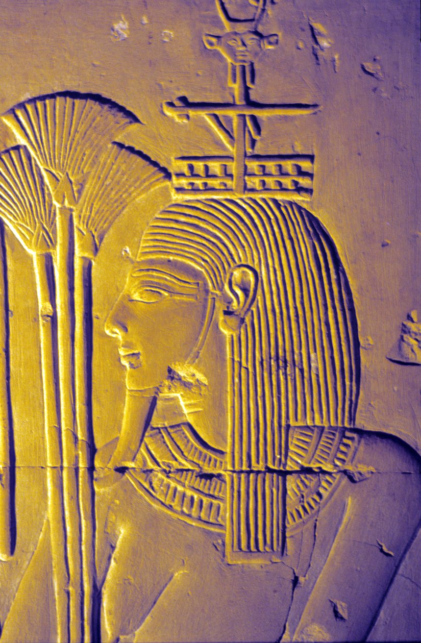 Muinainen Egypti, Seinämaalaus/kaiverrus, Niilin jumala tuo lootuksenkukintoja, Seti I:n temppeli, puolalainen Abydos autorstwa School Egyptian