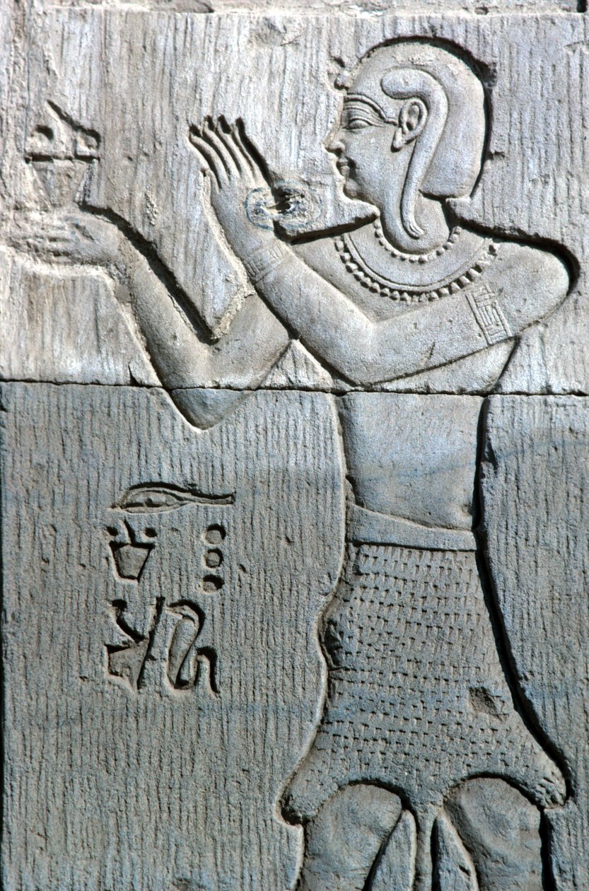 Starożytny Egipt, Malowidło/rzeźba ścienna, Kapłan w skórze lamparta ofiarujący kadzidło, Świątynia Sebeka i Horusa Kom Ombo (zdjęcie) autorstwa School Egyptian
