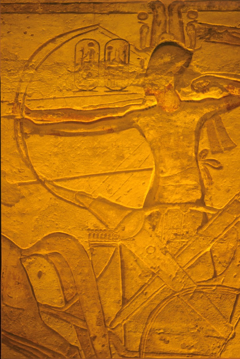 Starożytny Egipt, malowidło ścienne/rzeźba, Ramzes II w rydwanie podczas bitwy pod Kadesz, świątynia Ramzesa II i Nefertari, Abu Simbel autorstwa School Egyptian