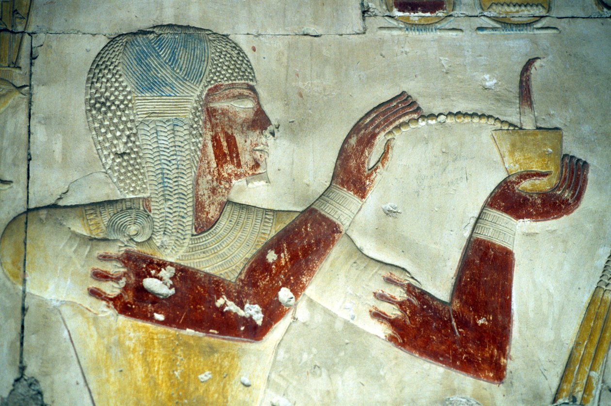 Starożytny Egipt, malowidło ścienne/rzeźba, Ramzes II ofiarowujący kadzidło swojemu ubóstwionemu ojcu Setiemu I, Świątynia Setiego I, Abydos (zdjęcie) autorstwa School Egyptian
