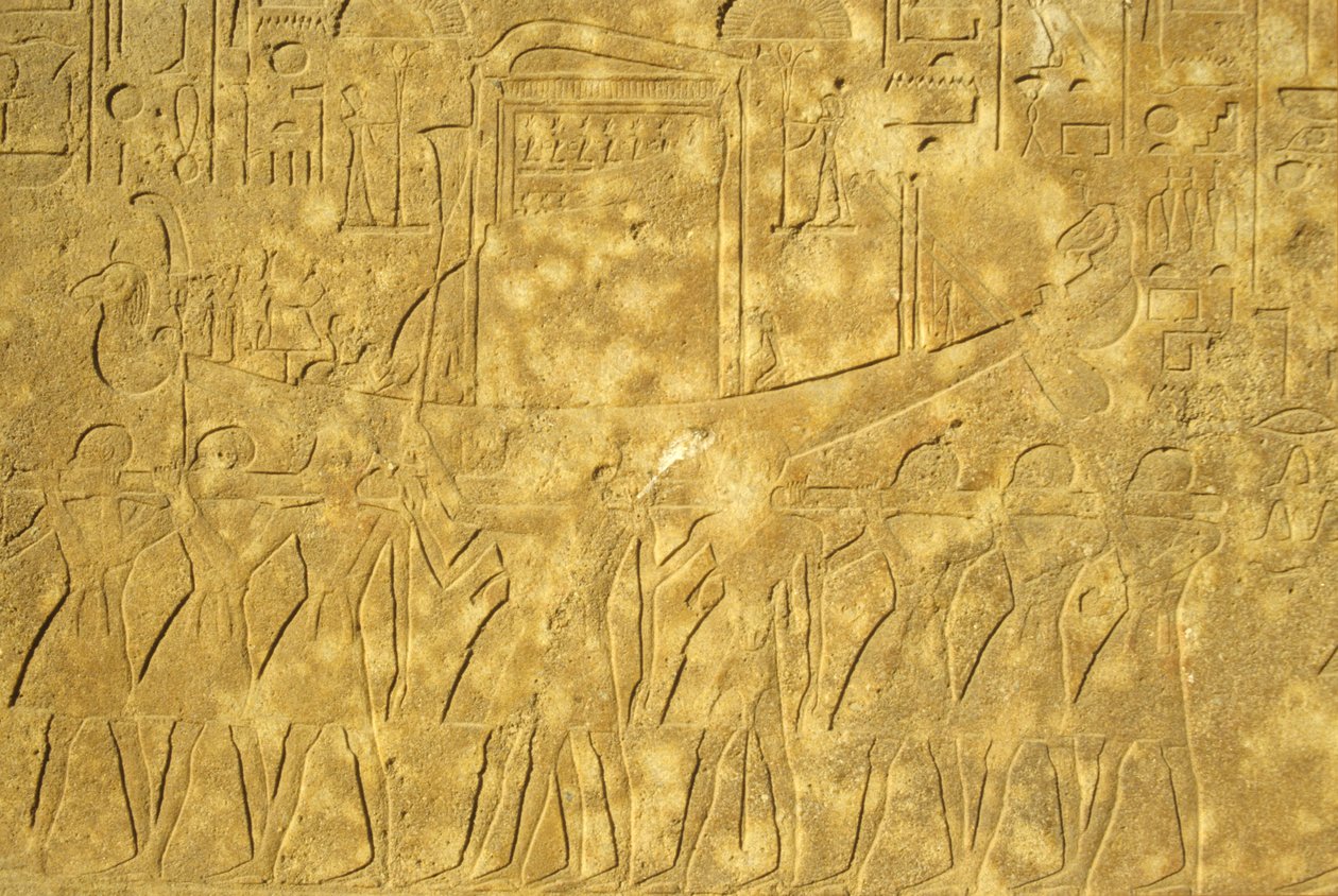 Starożytny Egipt, malowidło ścienne/rzeźba, święta barka Amona wynoszona ze świątyni, świątynia Karnak, Luksor (zdjęcie) autorstwa School Egyptian