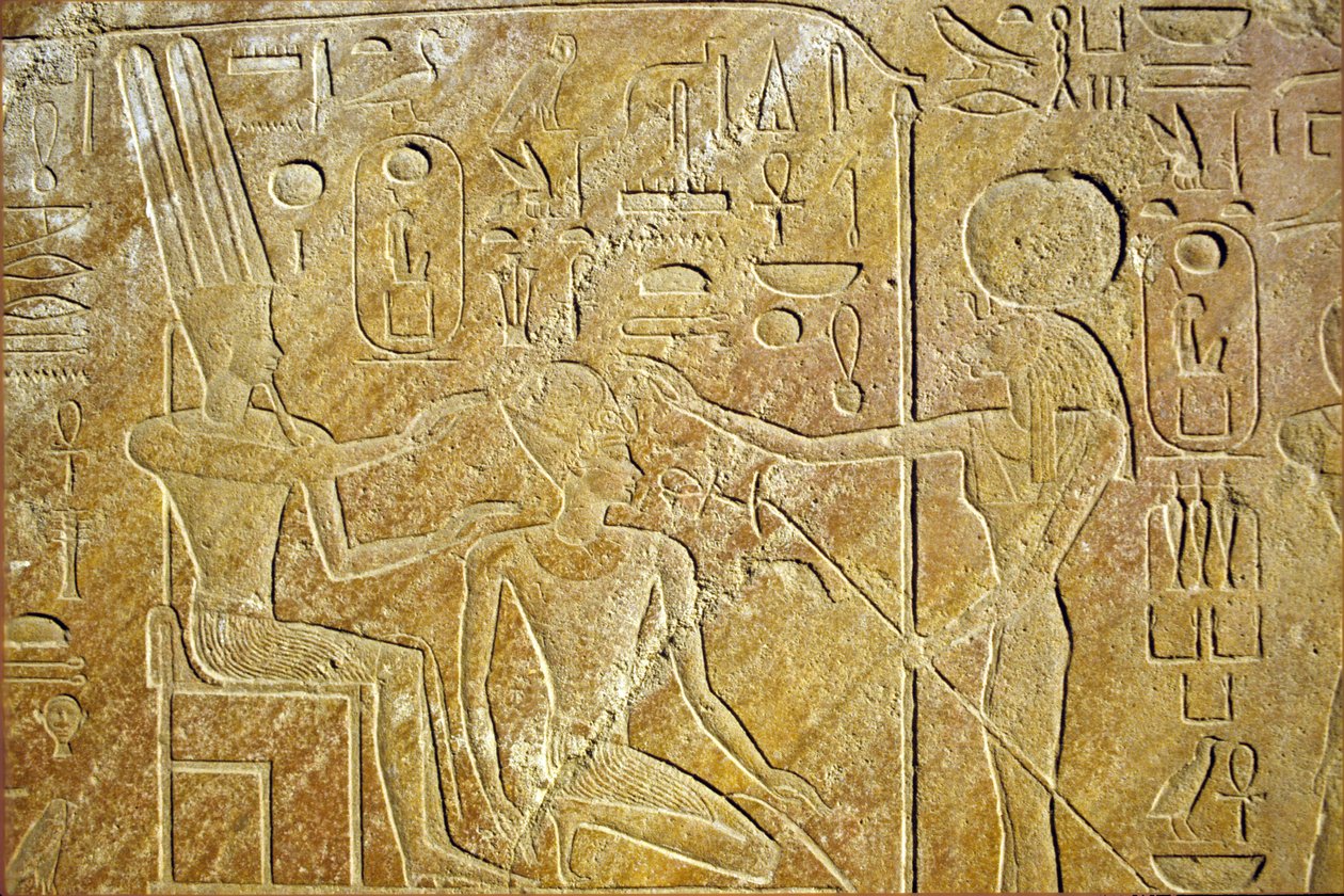 Starożytny Egipt, malowidła ścienne/rzeźby, Sakhmet zwraca się do Amona Ra i Hatszepsut, świątynia w Karnaku, Luksor autorstwa School Egyptian