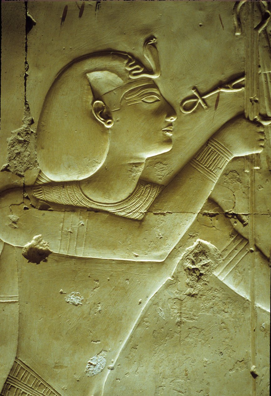 Muinainen Egypti, Seinämaalaus/kaiverrus, Seti I vastaanottamassa elämää, symboloi ankh, Seti I:n temppeli, Abydos puola autorstwa School Egyptian