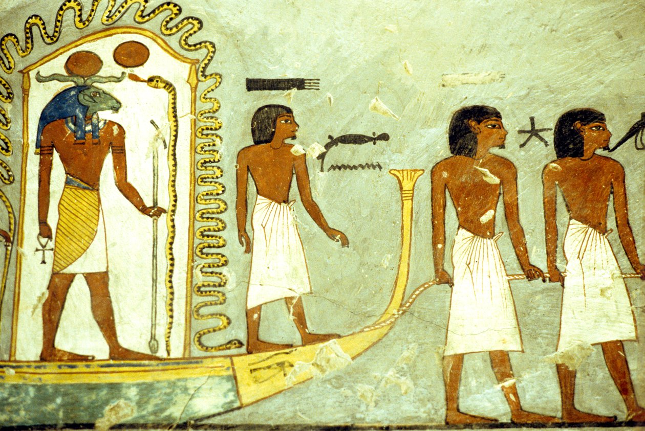 Starożytny Egipt, Malowidła ścienne, Podróż przez podziemia łodzią ciągniętą przez ludzi, Grobowiec Ramzesa I, Teby autorstwa School Egyptian