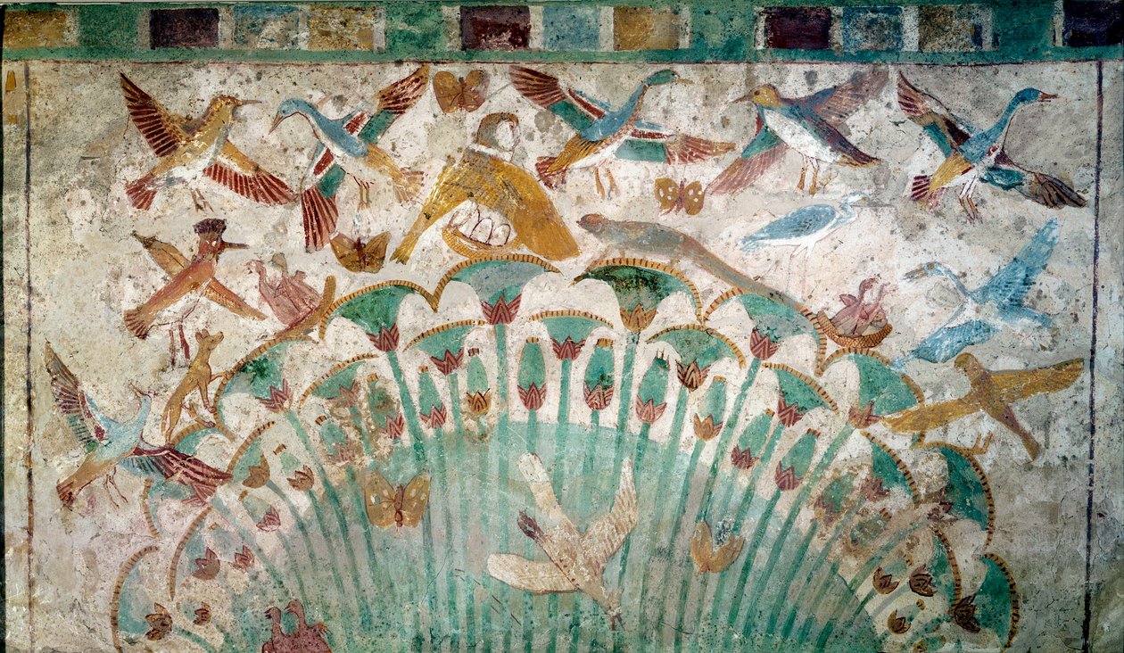 Starożytny Egipt: zwierzęta w stadninie papirusu, fragment wapienia z grobowca Neferhotepa, ok. 1400 pne XVIII dynastia, wymiar 43x74 cm Paryż, Luwr - starożytność egipska: zwierzęta w gąszczu papirusu, fragment wapienia z grobowca Neferhotepa autorstwa School Egyptian