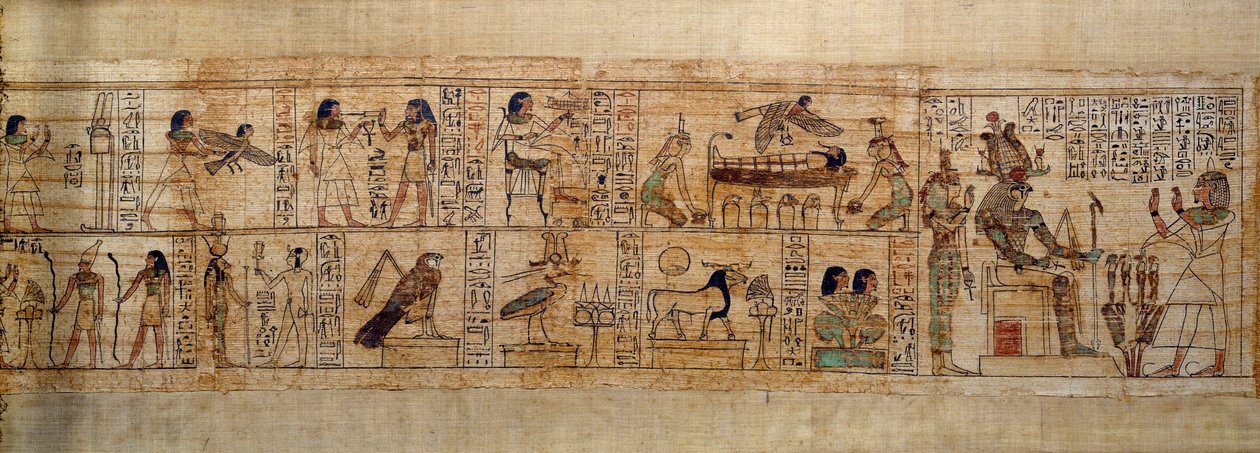 Starożytna sztuka egipska Mitologiczny papirus Serimen. U góry: Serimen kocha boga Ozyrysa reprezentowanego przez jego godło w mieście Abydos. Dusza zmarłego w postaci ptaka przelatuje nad jego mumią obserwowaną przez boginie Izydę (po lewej) i Neftydę (po autorstwa School Egyptian