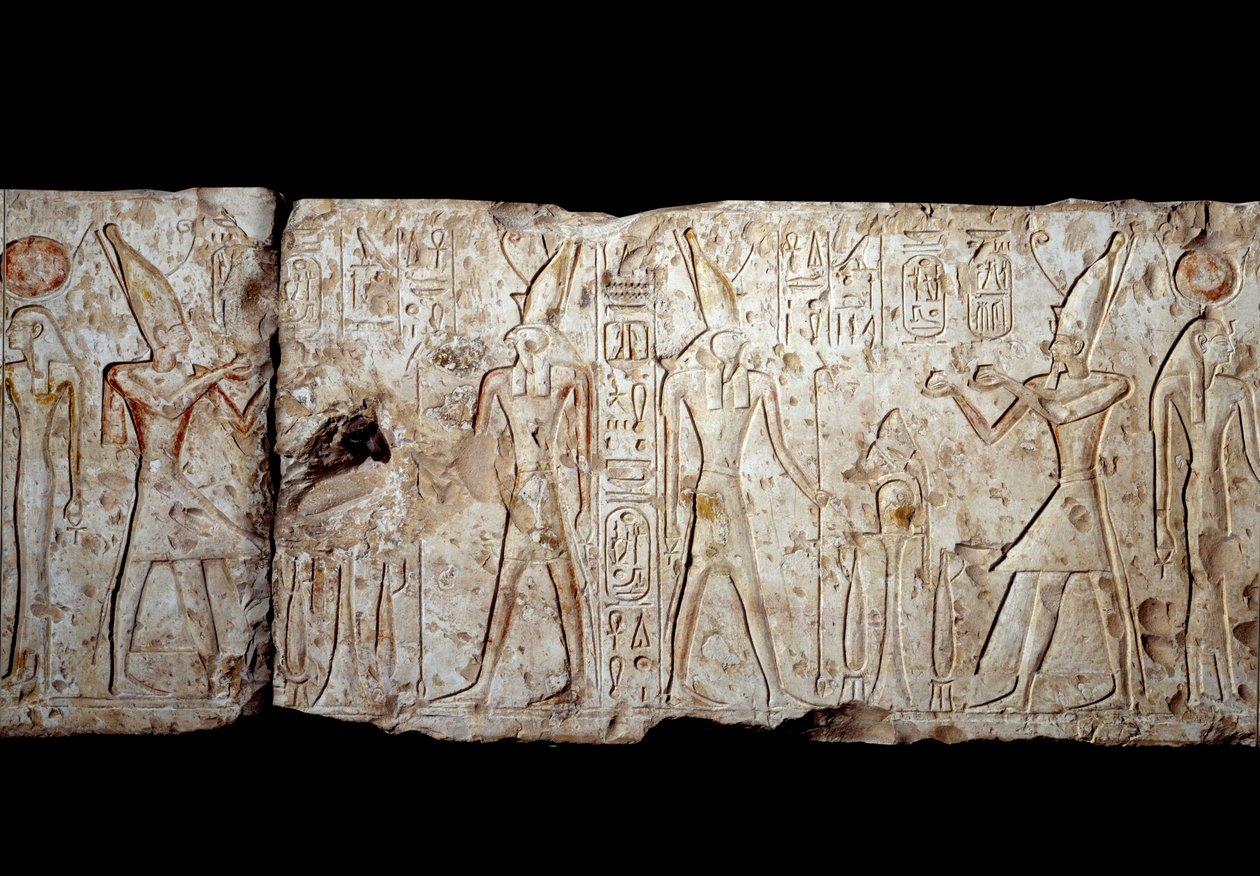 Starożytna sztuka egipska: Ramzes II składa ofiary Ozyrysowi. Płaskorzeźba w wapieniu z Abydos (1279-1213 pne) XIX dynastia. Nowe Imperium. Paryż, Musee du Louvre autorstwa School Egyptian