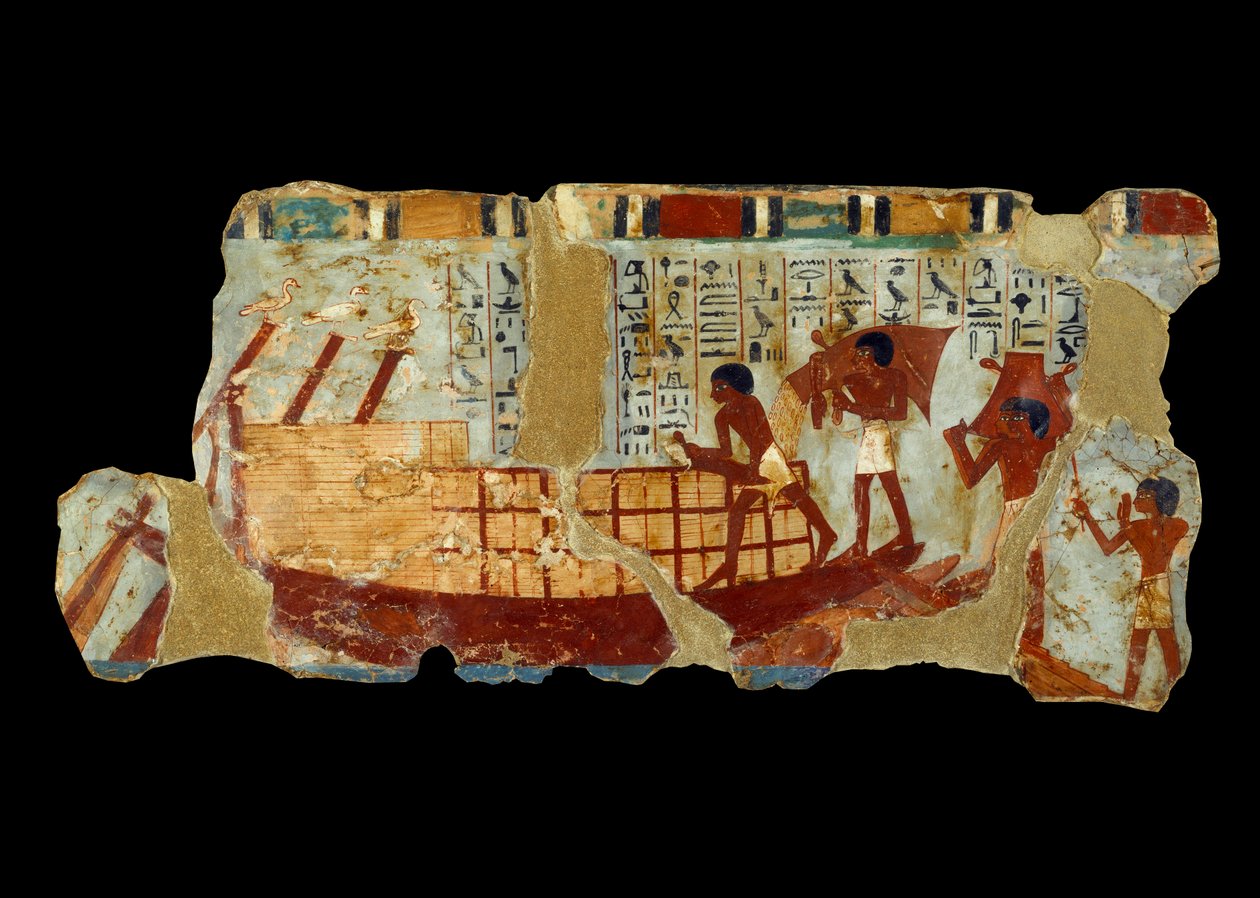 Sztuka starożytnego Egiptu: ładowanie ziarna na łódź, malowanie na mule z grobowca Ounou (1450 pne). autorstwa School Egyptian