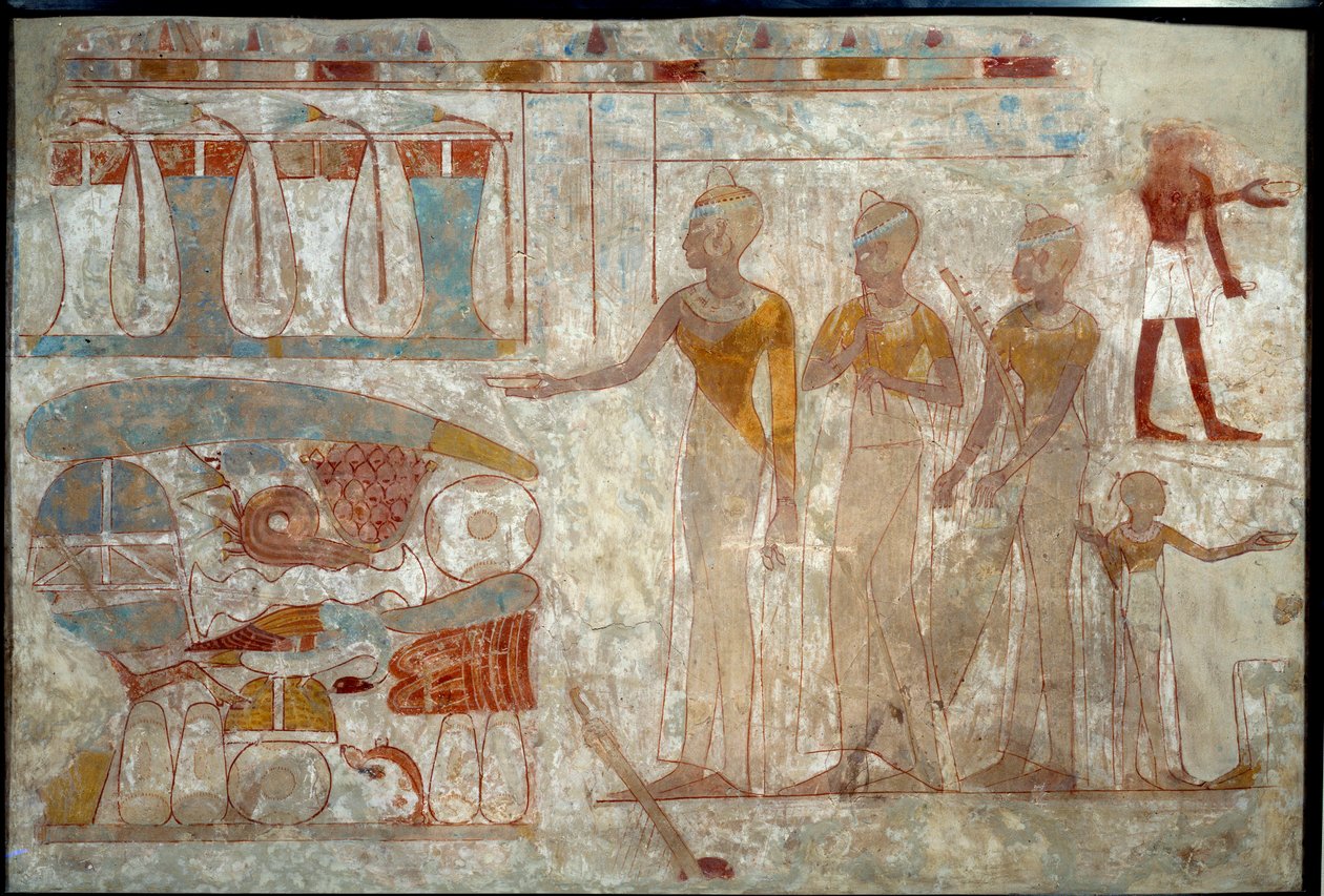 Sztuka starożytnego Egiptu: muzycy na bankiecie. Malowanie na mule (ok. 1400 pne). autorstwa School Egyptian