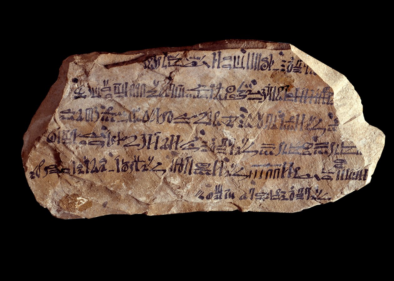 Sztuka starożytnego Egiptu: ostrakon (lub ostracon) (liczba mnoga: ostraca lub ostraka) hieratyczny (odłamki ceramiki, na których zapisane są rzeczy święte). Nowe imperium Egiptu. Paryż, Musee du Louvre autorstwa School Egyptian