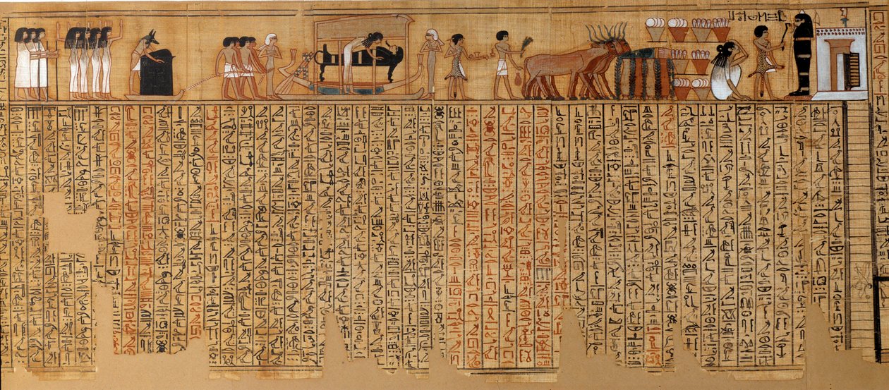 Egipski antyk: Księga Umarłych, Papirus Nebqed. Około 1400-1350 pne. XVIII dynastia. Z Teb. Słońce 6,3 m Paryż, Musee du Louvre autorstwa School Egyptian