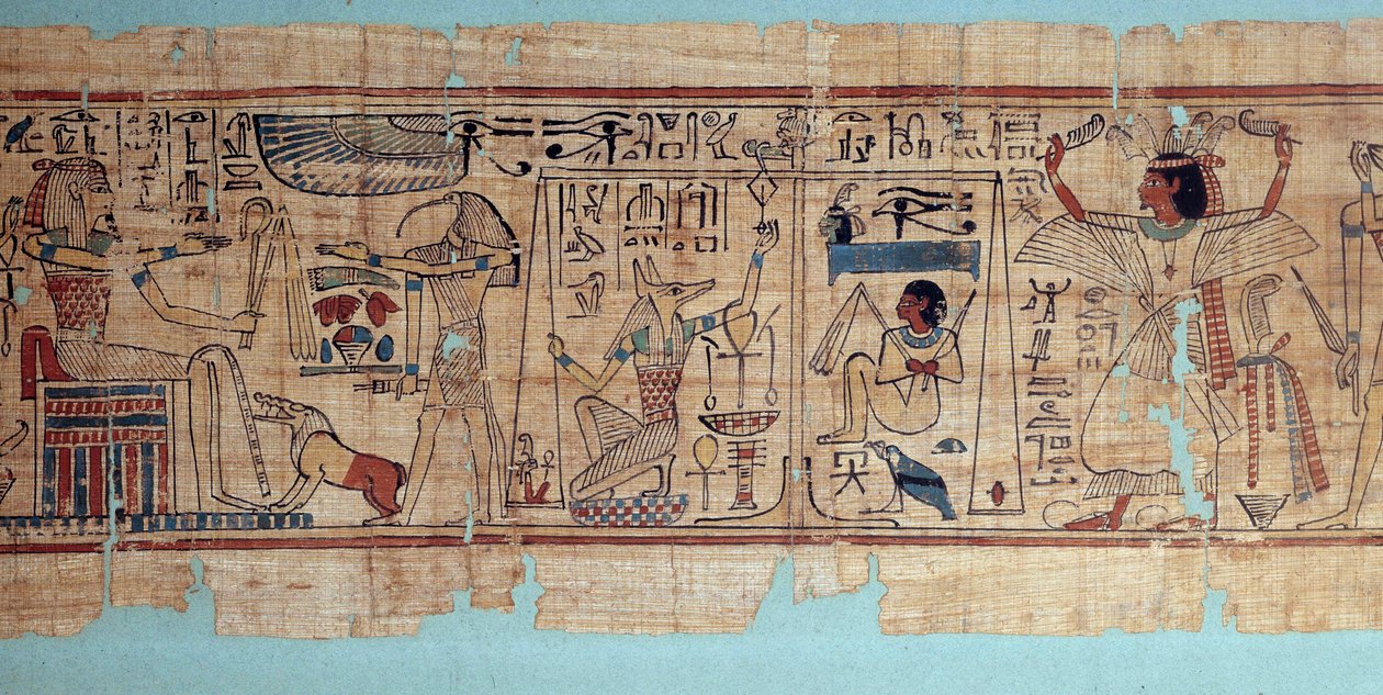 Starożytność egipska: fragment mitologicznego papirusu Neskapaszouty, księgowego skryby ziaren strychu Amona. Anubis waży serce (duszę) zmarłego. 21. dynastia autorstwa School Egyptian