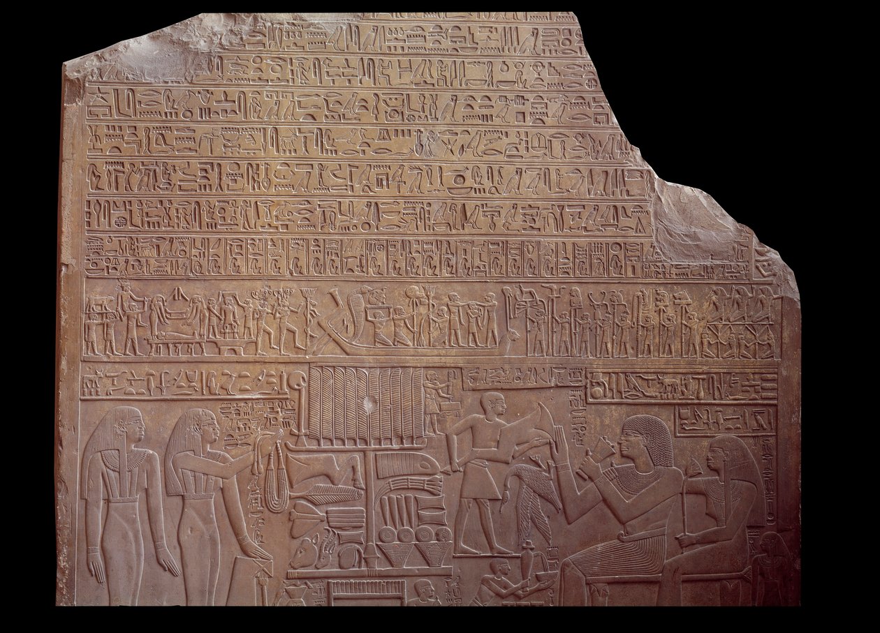 Starożytność egipska: stela nagrobna pokryta inskrypcją zaszyfrowaną w formie hieroglifów. Paryż, Luwr autorstwa School Egyptian