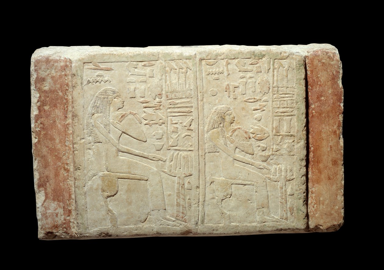 Starożytność egipska: stela grobowa w wapieniu pań Waten i Ousernebnet. Okres Thinitis (ok. 3100-2700 pne) II dynastia z Memfis. Paryskie Muzeum Luwru autorstwa School Egyptian