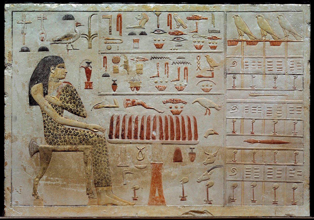 Starożytność egipska: przed stołem ofiarnym stoi stela z wapienia z Nefertiabet. IV dynastia (około 2620-2500 pne) Nd. 0,37x0,52 m Paryż, Musee du Louvre autorstwa School Egyptian