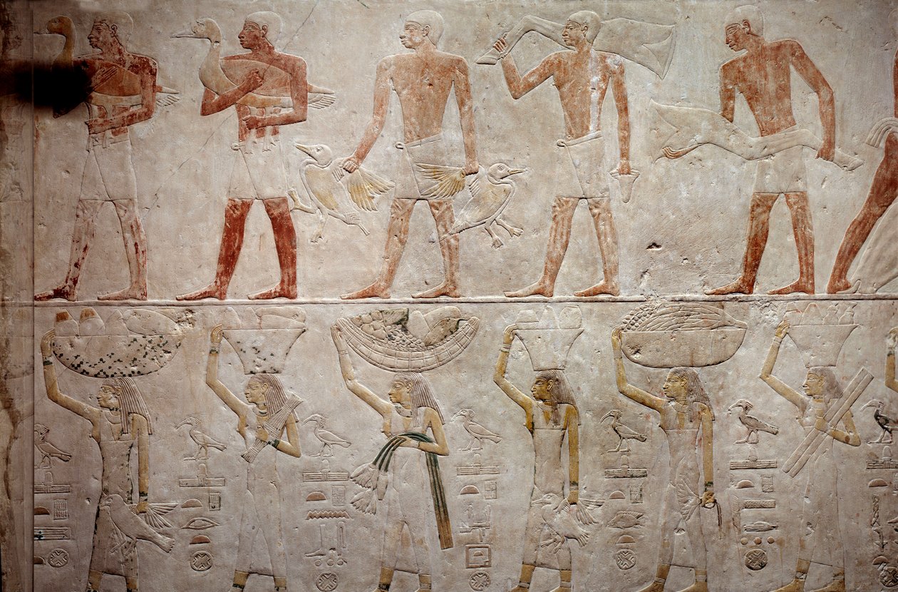 Starożytność egipska: mężczyźni niosący kaczki. Relief wapienny z kaplicy Mastaby Echetatepa w Sakkarze. V dynastia (około 2500-2350 pne) 2300 pne. Paryż, Luwr autorstwa School Egyptian