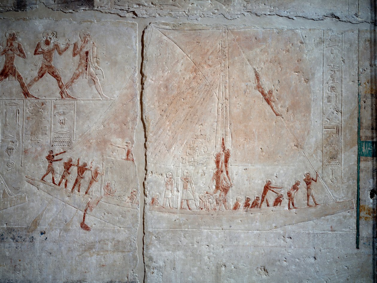 Egipski antyczny: scena nawigacyjna. Relief wapienny z kaplicy Mastaby Echetatepa w Sakkarze. V dynastia (około 2500-2350 pne) 2300 pne. Paryż, Luwr autorstwa School Egyptian