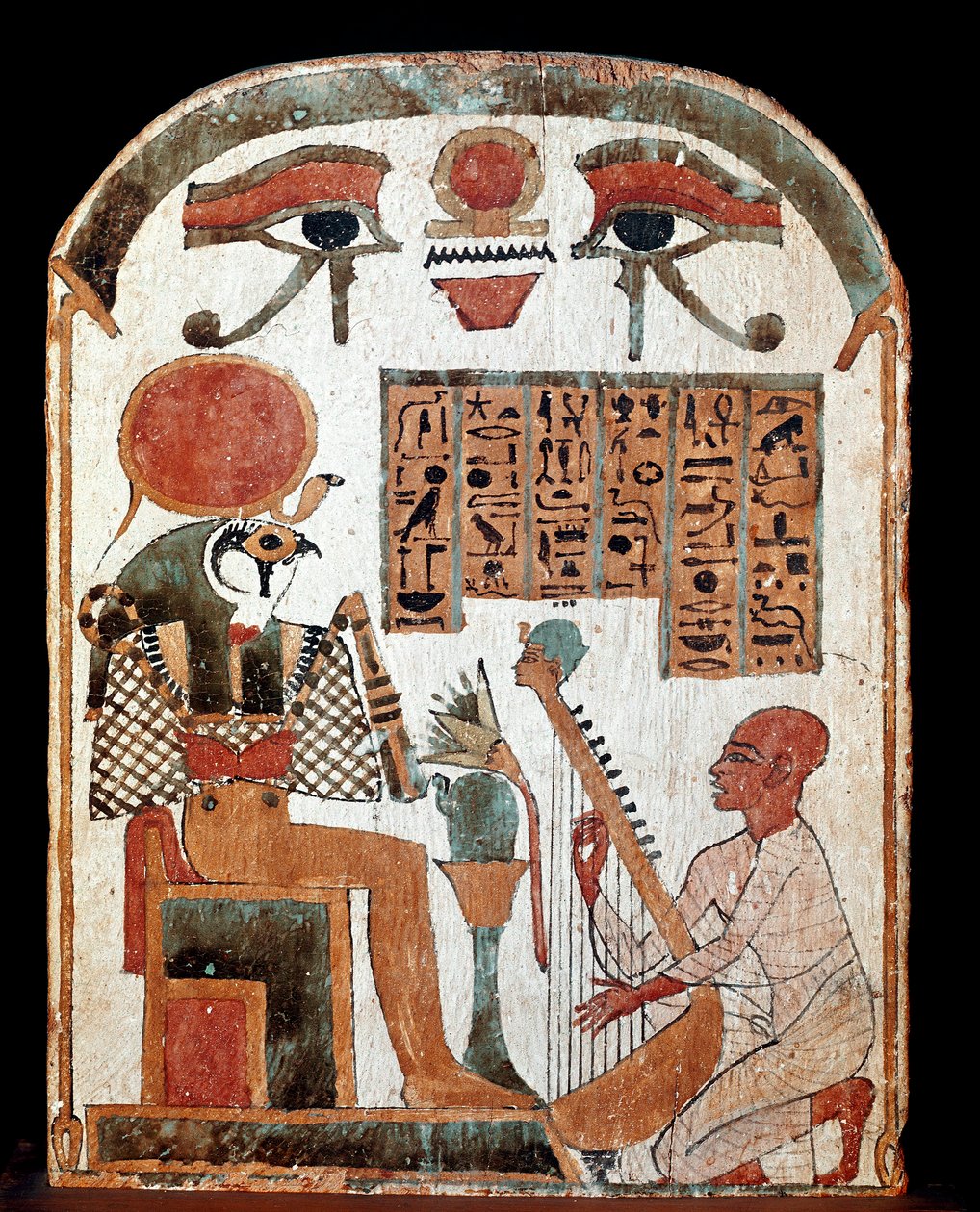 Starożytność egipska: stela harfisty Jedchonsuiufancha w kulcie przed boskim Horusem. Okres pośredni. 1069-664 pne. Paryż, musee du Louvre - Starożytności egipskie: stela harfisty Dżedkhonsouioufancha czczącego boga Horusa. Średniozaawansowany autorstwa School Egyptian
