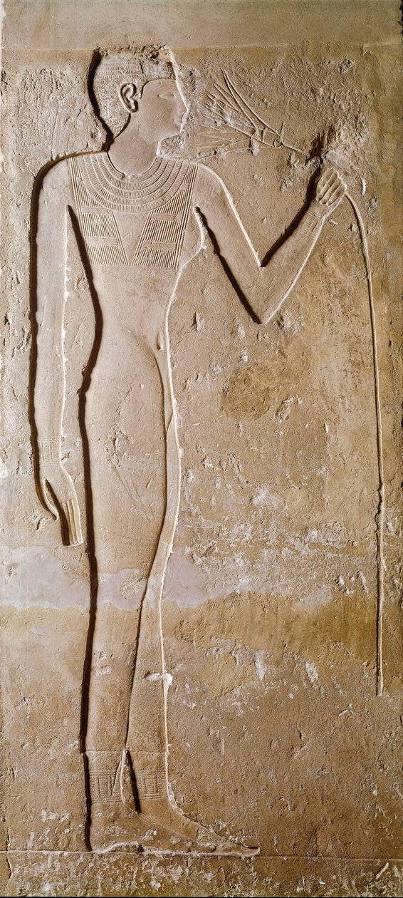 Egipski antyczny: młoda kobieta ma kwiat lotosu. Wapień. V dynastia, 2300 pne. Ciemny. 145 cm Paryż, Musee du Louvre autorstwa School Egyptian