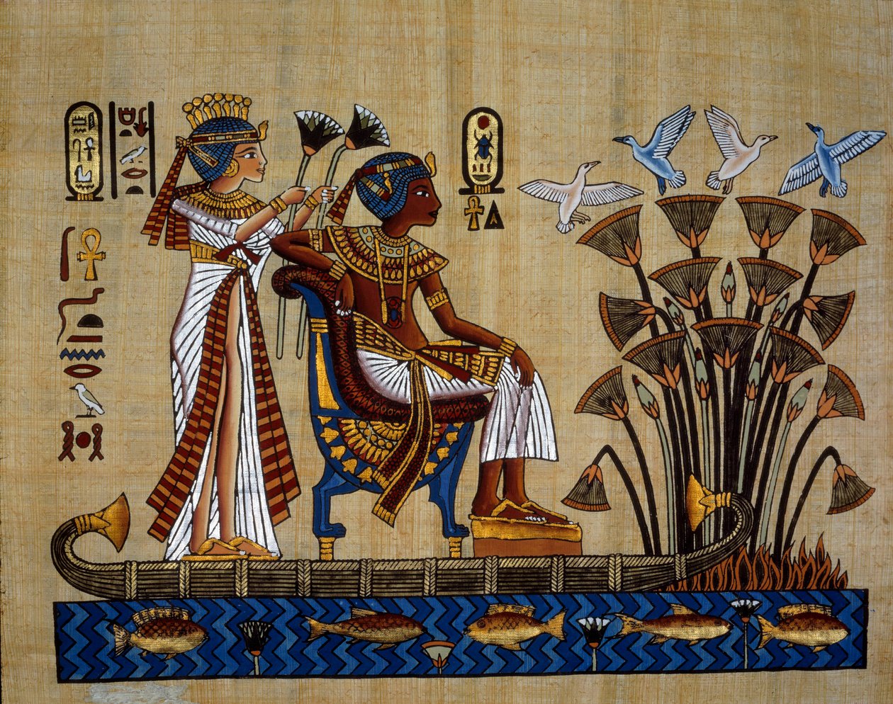 Egipskie antyk: „”faraon i jego żona w papirusie”” Papirus, Nowe Imperium autorstwa School Egyptian