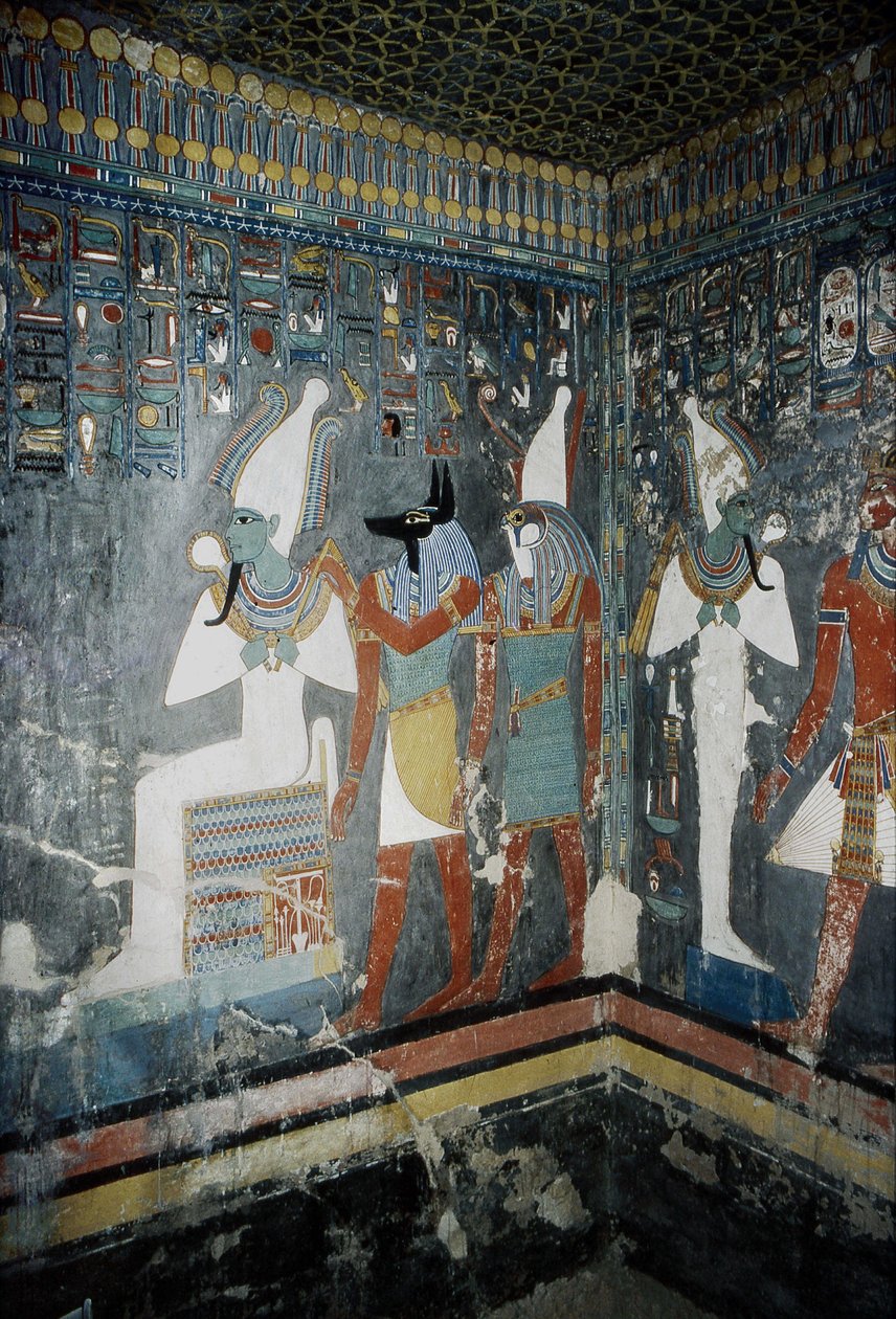 Luksor, Teby: Dolina Królów, grobowiec Horemheba (-1343 - -1314), egipskiego faraona, na którym widnieje bogini Izyda. autorstwa School Egyptian