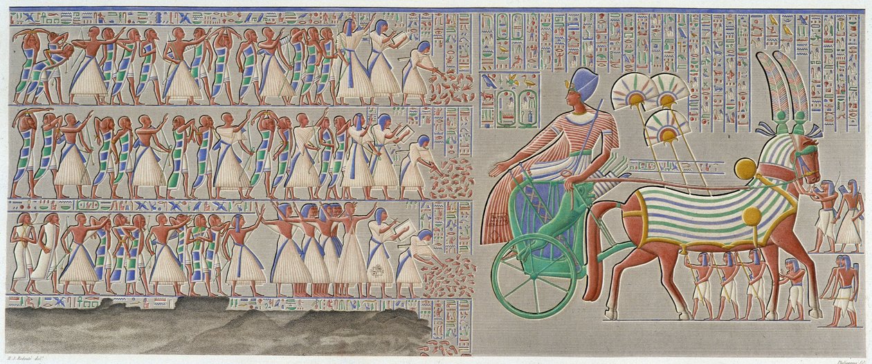Teby, Medynet-Abu: kolorowa płaskorzeźba, wyrzeźbiona w południowej galerii perystylu pałacu - w „Starożytności egipskiej”, T.II autorstwa School Egyptian