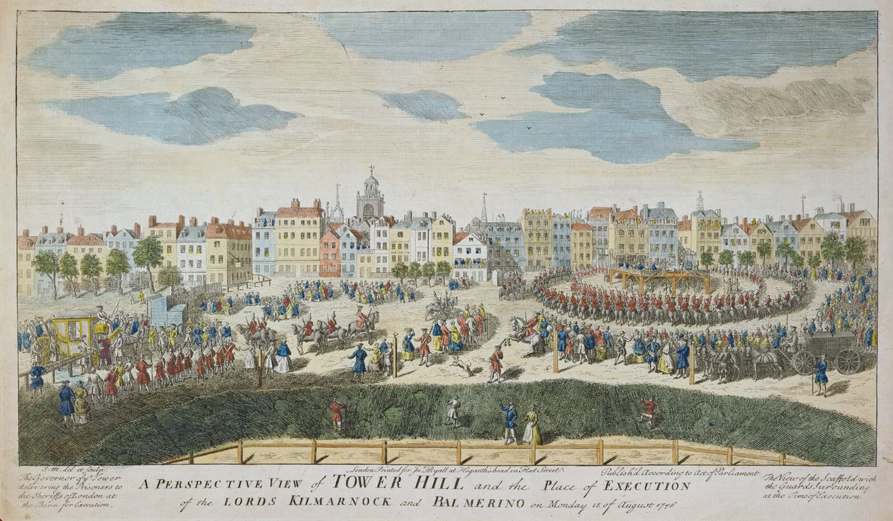 Perspektywiczny widok na Tower Hill i miejsce egzekucji lordów Kilmarnock i Balmerino autorstwa School English