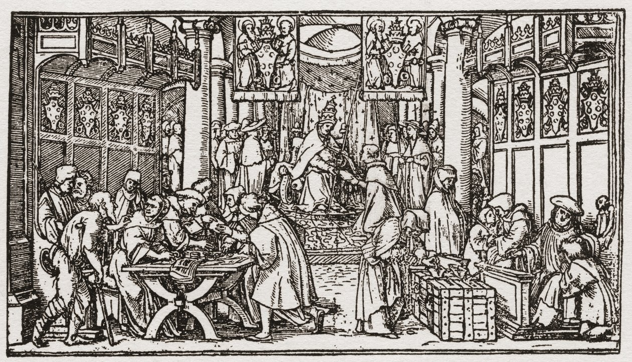 Sprzedaż odpustów w okresie Tudorów w Anglii (rycina) autorstwa School English