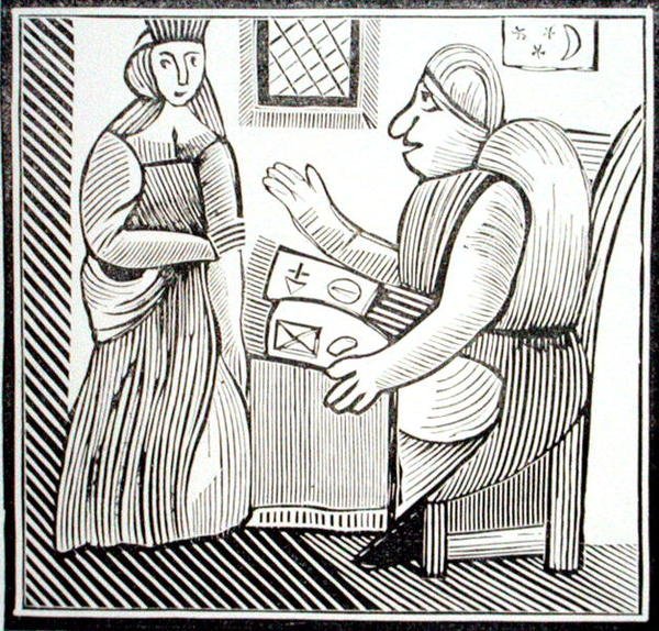 Kobieta szuka wskazówek u Wróżbity, kopia ilustracji z „Historii Mother Bunch of the West”, ze zbioru książeczek o ezoteryce c14-c17th (drzewryt) autorstwa School English