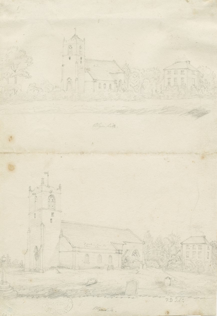 Kościół Blymhill: rysunki ołówkiem, bd [1797] (rysunek) autorstwa School English