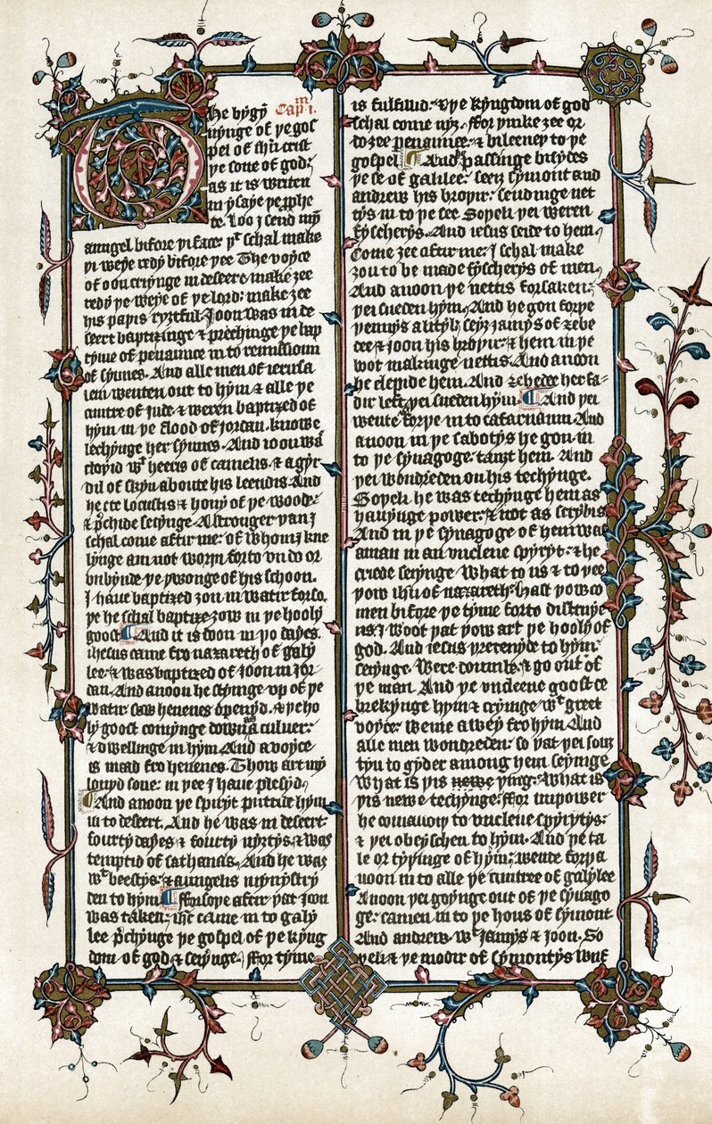 Kopia strony z Ewangelii św. Marka, tłumaczenie Biblii na język angielski dokonane przez Wycliffe