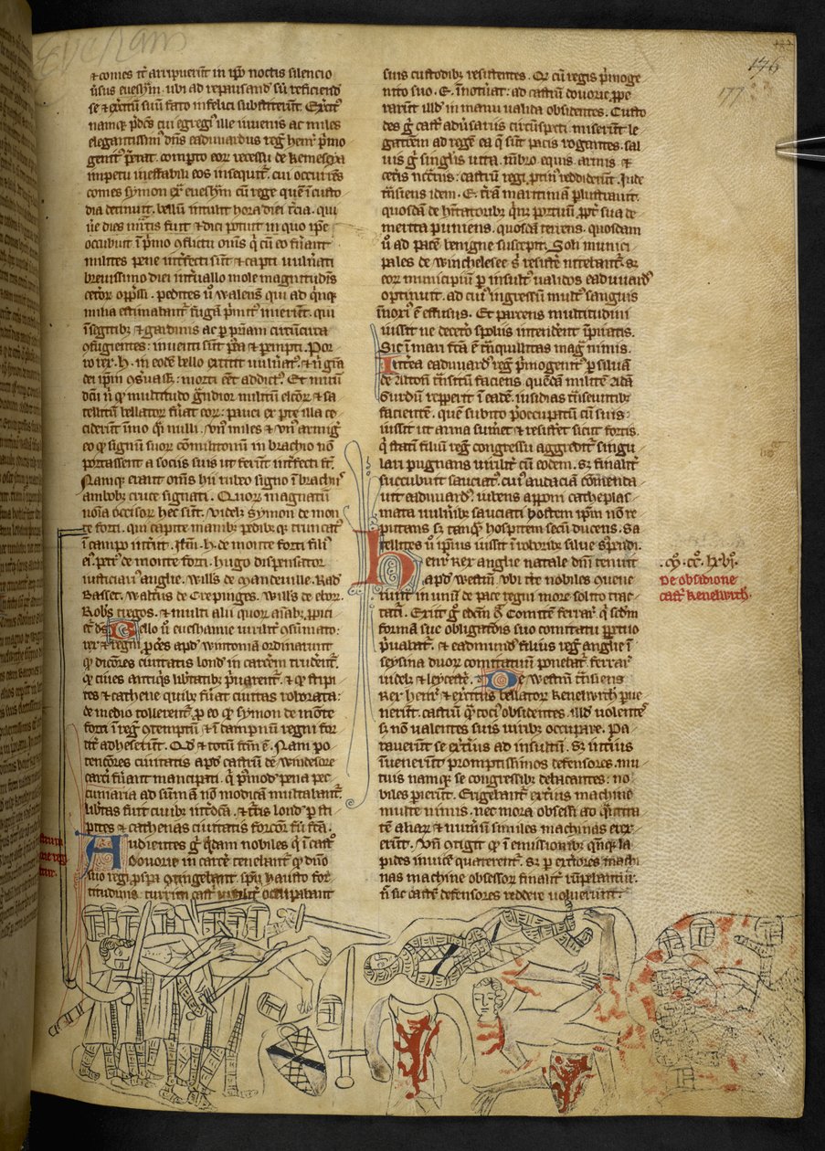 Cott Nero D II f.177 Bitwa pod Evesham i śmierć Szymona de Montfort (1208-65) 4 sierpnia 1265, z „Commendatio Lamentabilis in transitu Edward IV” (welum) autorstwa School English