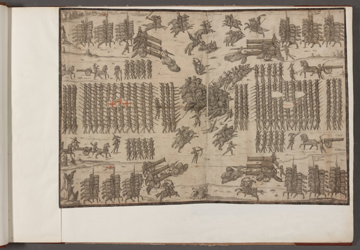 Bawełna August III, f.1 Bitwa. Armie w szyku.   Rysunki armii, żołnierzy, koni i uprzęży oraz inne sceny militarne.  1500-1650 autorstwa School English