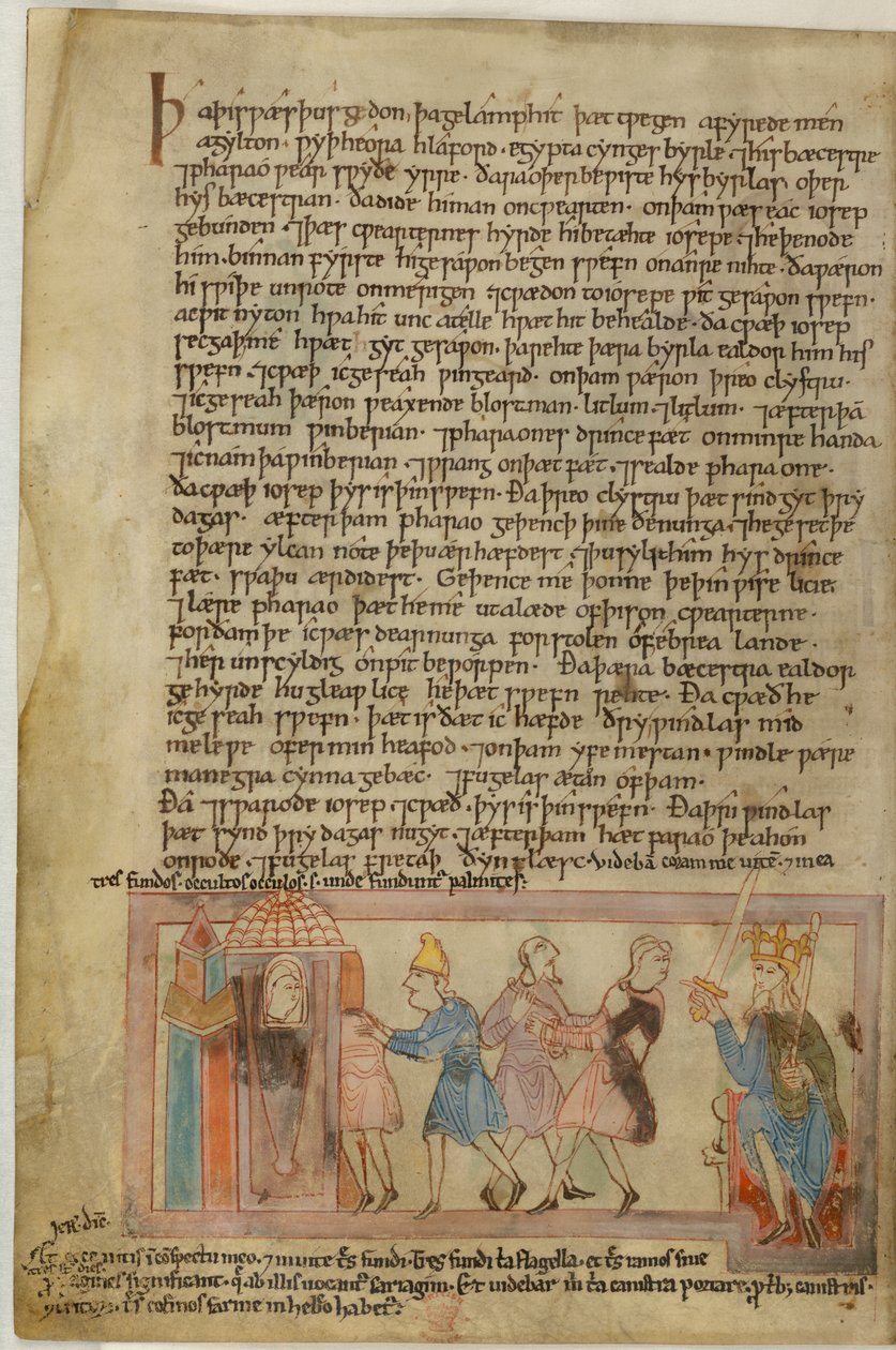 Cotton Claudius B. IV, f.58v Scena przedstawiająca anglosaską sprawiedliwość, ilustracja z (welum) autorstwa School English