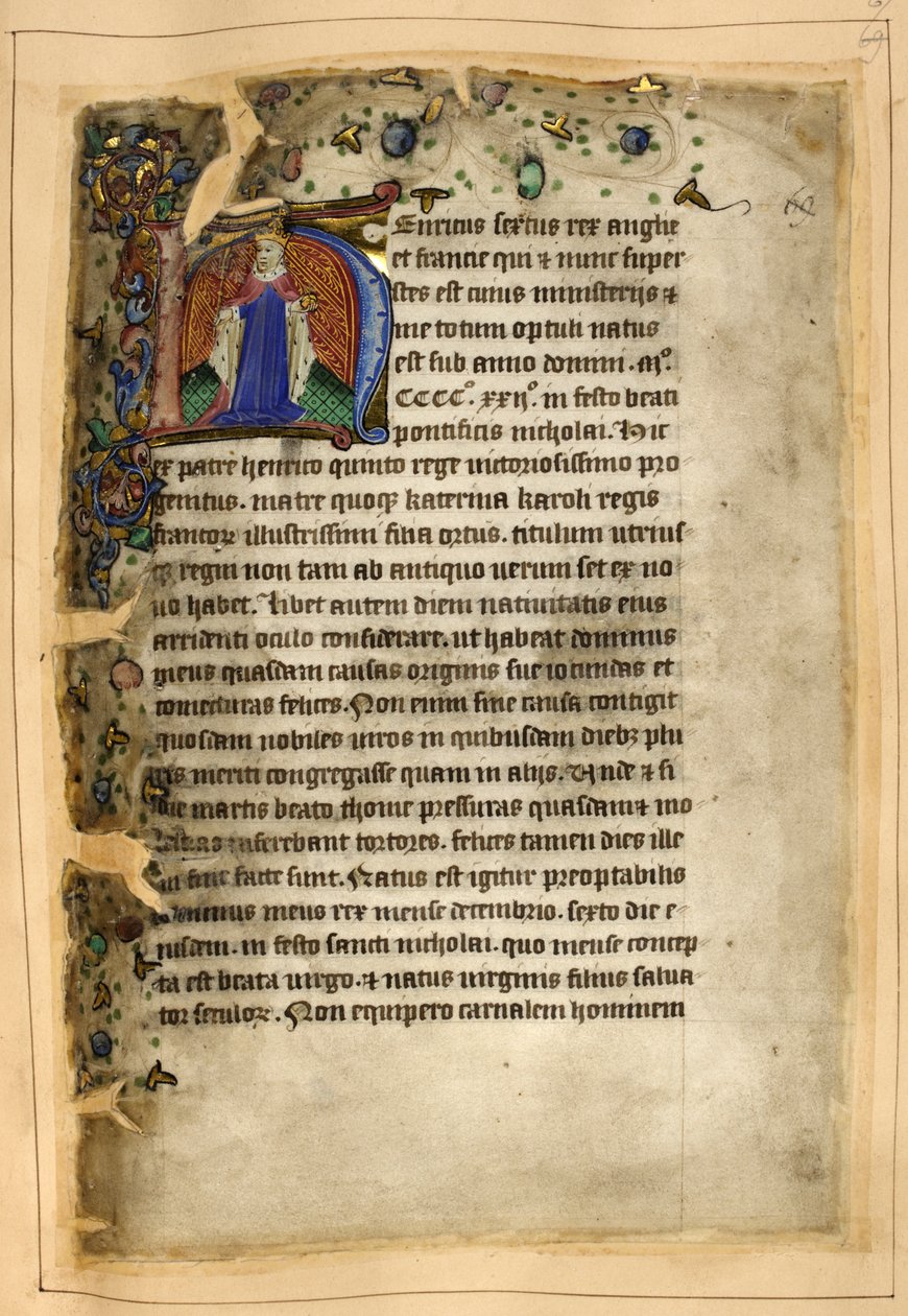 Cotton Tiberius A. VIII, f.67 Historyd inicjał Henryka VI (welum) autorstwa School English