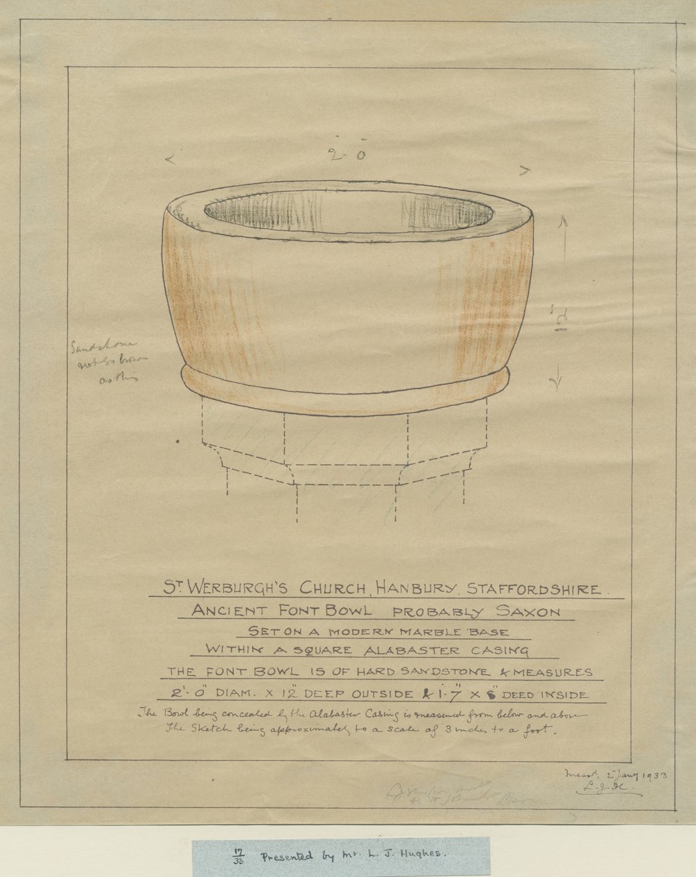 Hanbury Church - Ancient Font Bowl: śledzenie, nd [1933] (rysunek) autorstwa School English