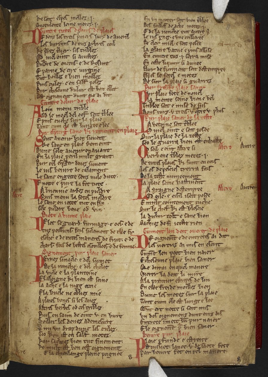 Harley MS 2558 f.8r, Novele cirurgerie, fragment (365 linii). Zbiór przepisów medycznych w wierszu anglo-normańskim (welum) autorstwa School English