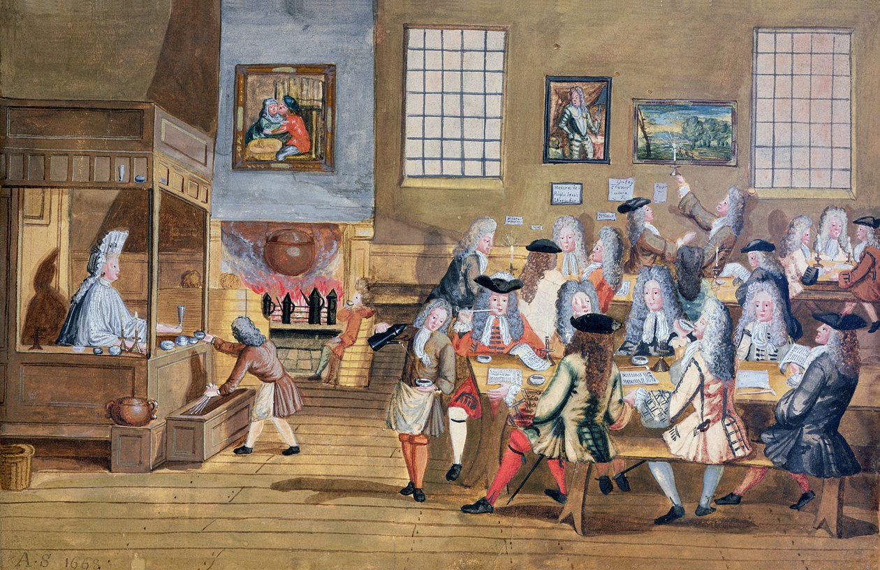 Wnętrze londyńskiej kawiarni, ok. 1650-1750 (akwarela na papierze) autorstwa School English