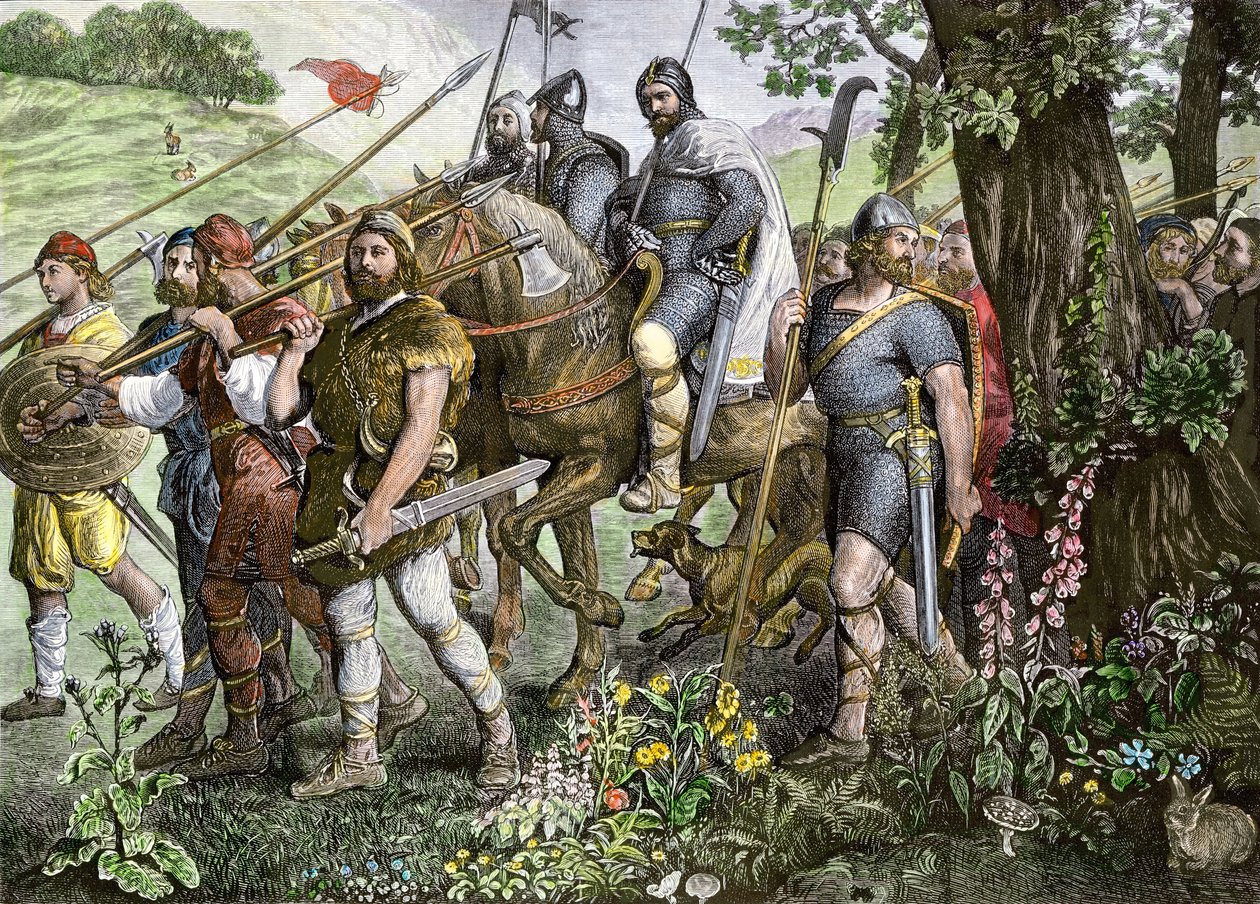 Kent Men wyruszający do walki w obronie Anglii podczas inwazji Normanów w 1066 r. (kolorowa rycina) autorstwa School English