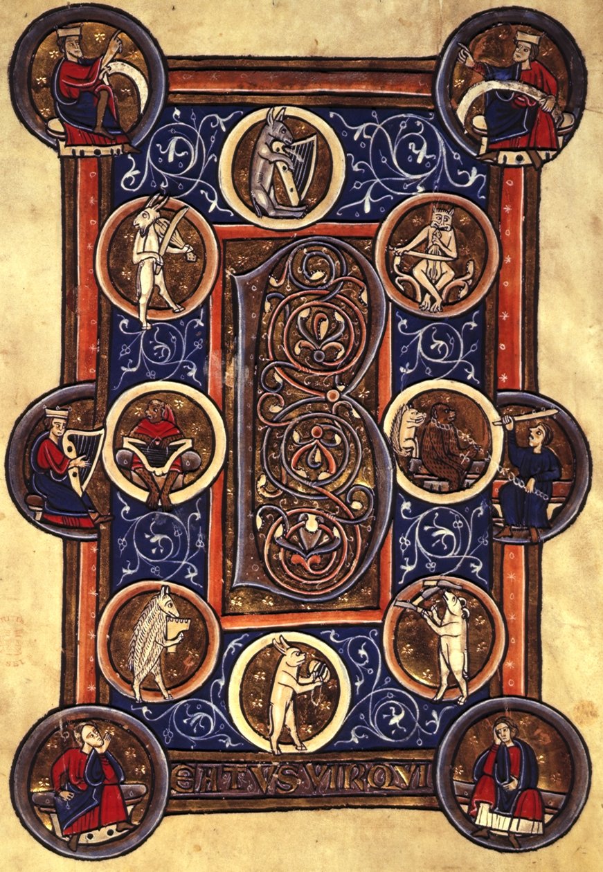 Lansdowne 420 fol.12v Psalm I z zamieszkałym inicjałem B (welum) autorstwa School English