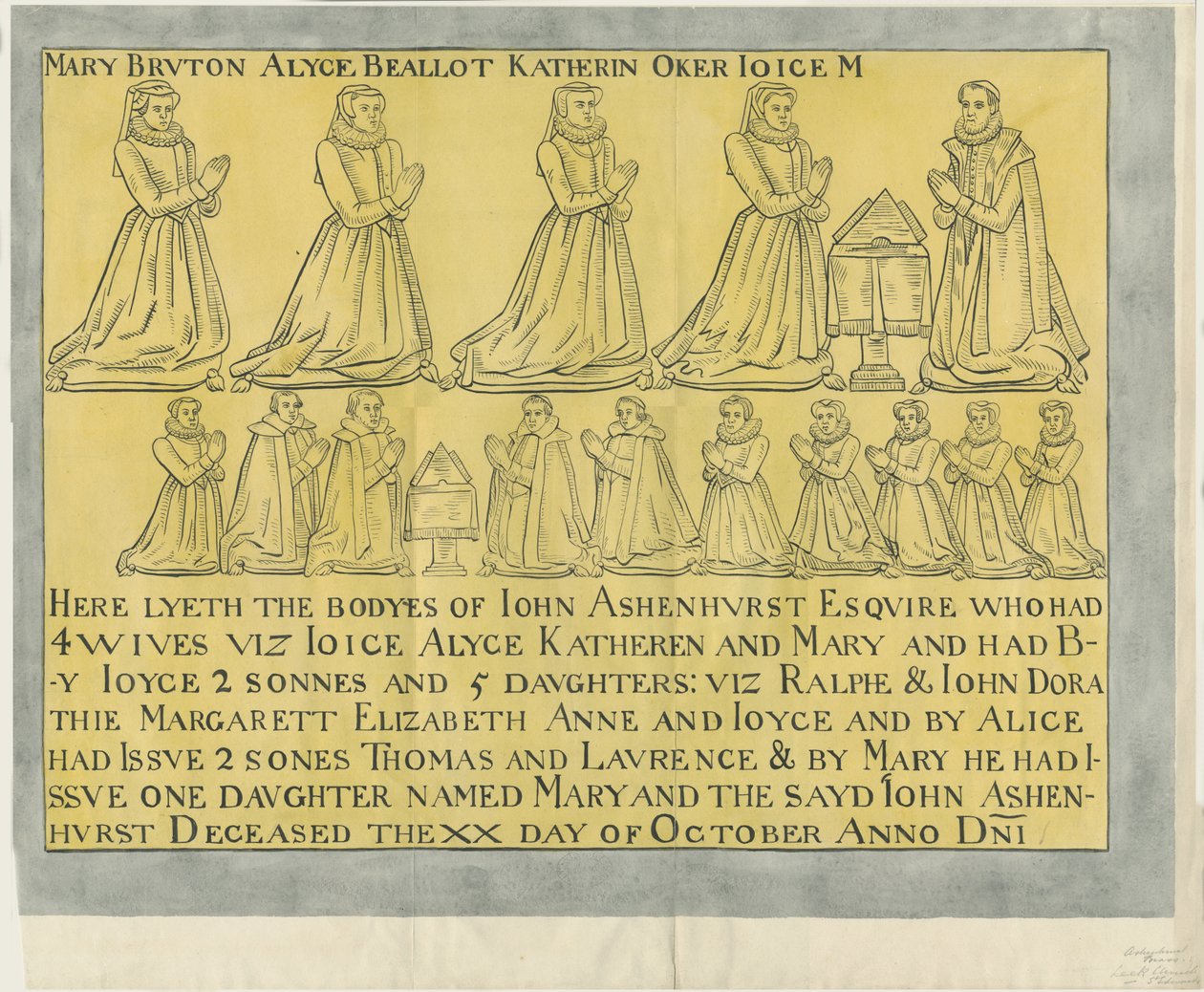 Leek Church – „Ashenhurst Brass”: rysunek tuszem indyjskim (na żółtym papierze), nd [?XVIII wiek] (rysunek) autorstwa School English