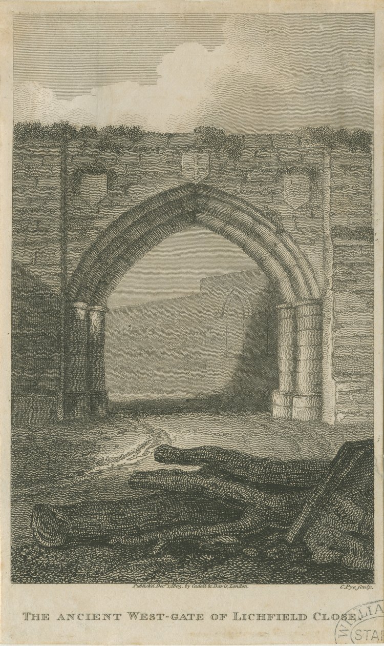 Lichfield - Starożytna Zachodnia Brama Zamknięcia: grawerowanie, nd [c 1805] (druk) autorstwa School English