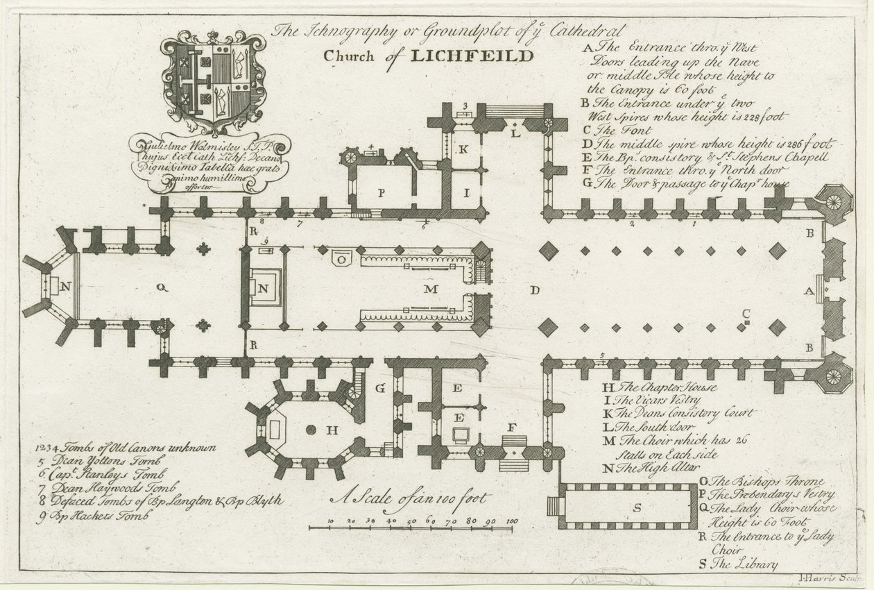 Katedra w Lichfield - plan zagospodarowania terenu: rycina, bd [początek XVIII w.] (druk) autorstwa School English